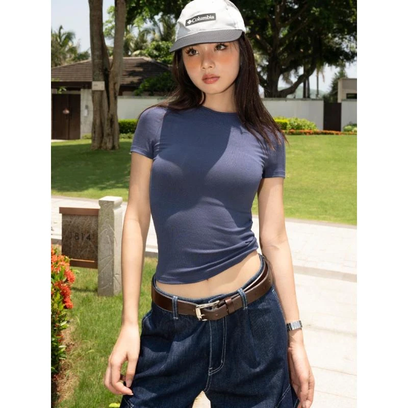 针织短袖T恤女夏2025新款欧美ins紧身高腰短款小圆领上衣tshirt