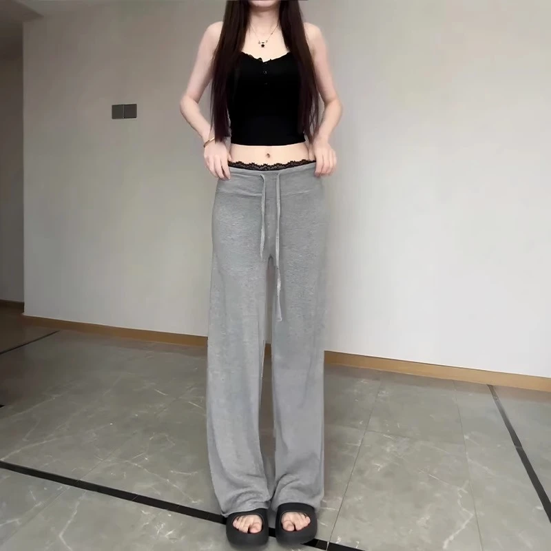 时尚慵懒风蕾丝花边休闲裤女夏季新款韩系垂感垂垂裤显瘦直筒裤潮