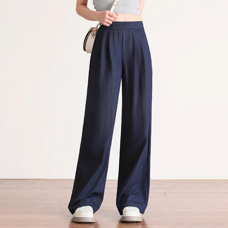 拉夏贝尔丹宁蓝窄版阔腿裤女早秋薄款2025新款松紧腰直筒休闲裤子