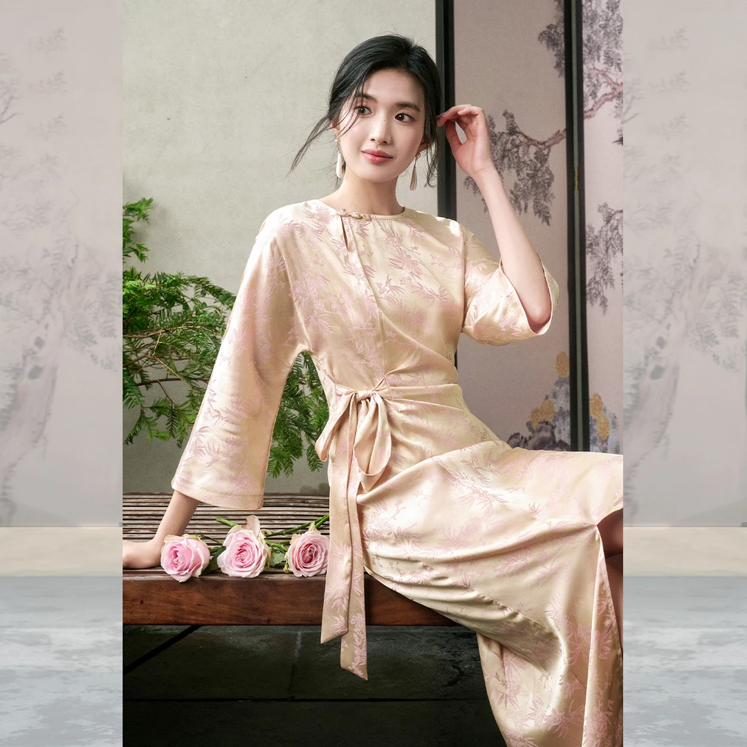 JKJS【湘筠醉】人丝交织提花系带连衣裙秋装旗袍新中式气质感长裙