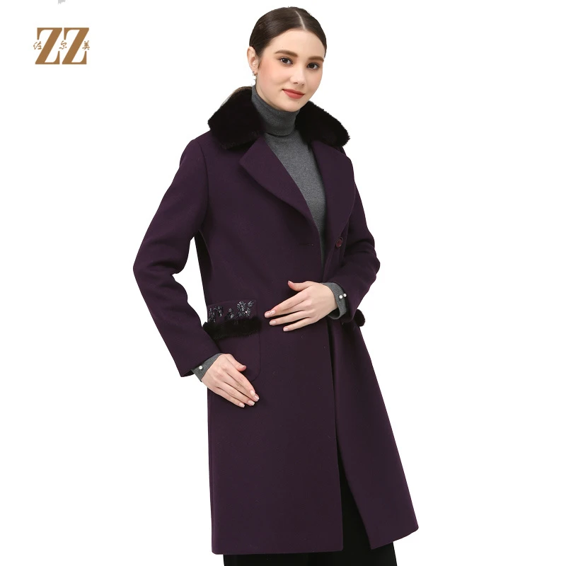 佐尔美冬季女装纯色百搭毛领修身羊毛呢子大衣外套秋冬E74ZO48