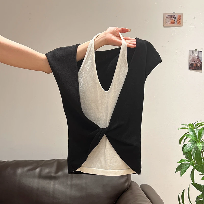 撞色假两件挂脖针织短袖t恤女2025年夏季新款设计感修身显瘦上衣