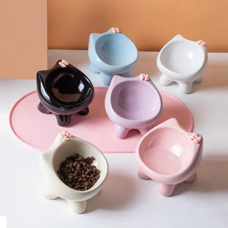 小蝴蝶结陶瓷高脚碗猫猫碗狗狗碗猫粮碗猫咪碗猫粮盆猫食碗