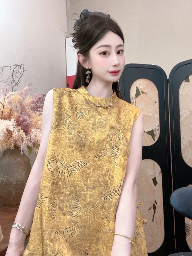 【黄金蝶】2025夏季新款百搭显瘦新中式短袖女日常时尚中长款