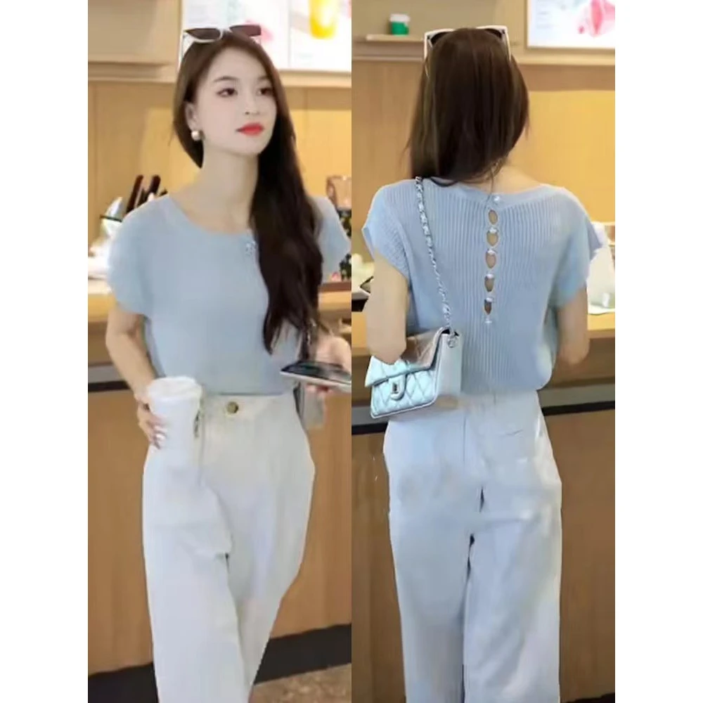 减龄针织衫短袖t恤女2025新款爆款夏季设计感后背镂空超好看上衣