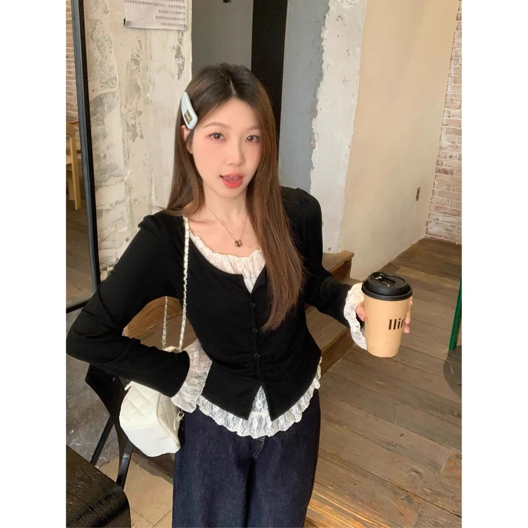 大码女装胖mm2025秋季韩系穿搭蕾丝拼接上衣假两件内搭打底衫T恤