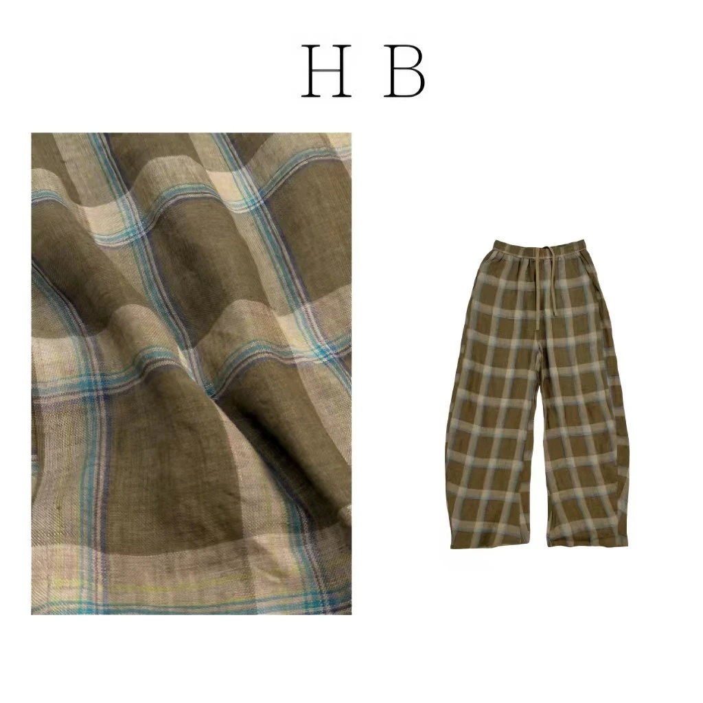 【复古亚麻】33669 薄款亚麻长裤慵懒休闲显瘦直筒格子裤