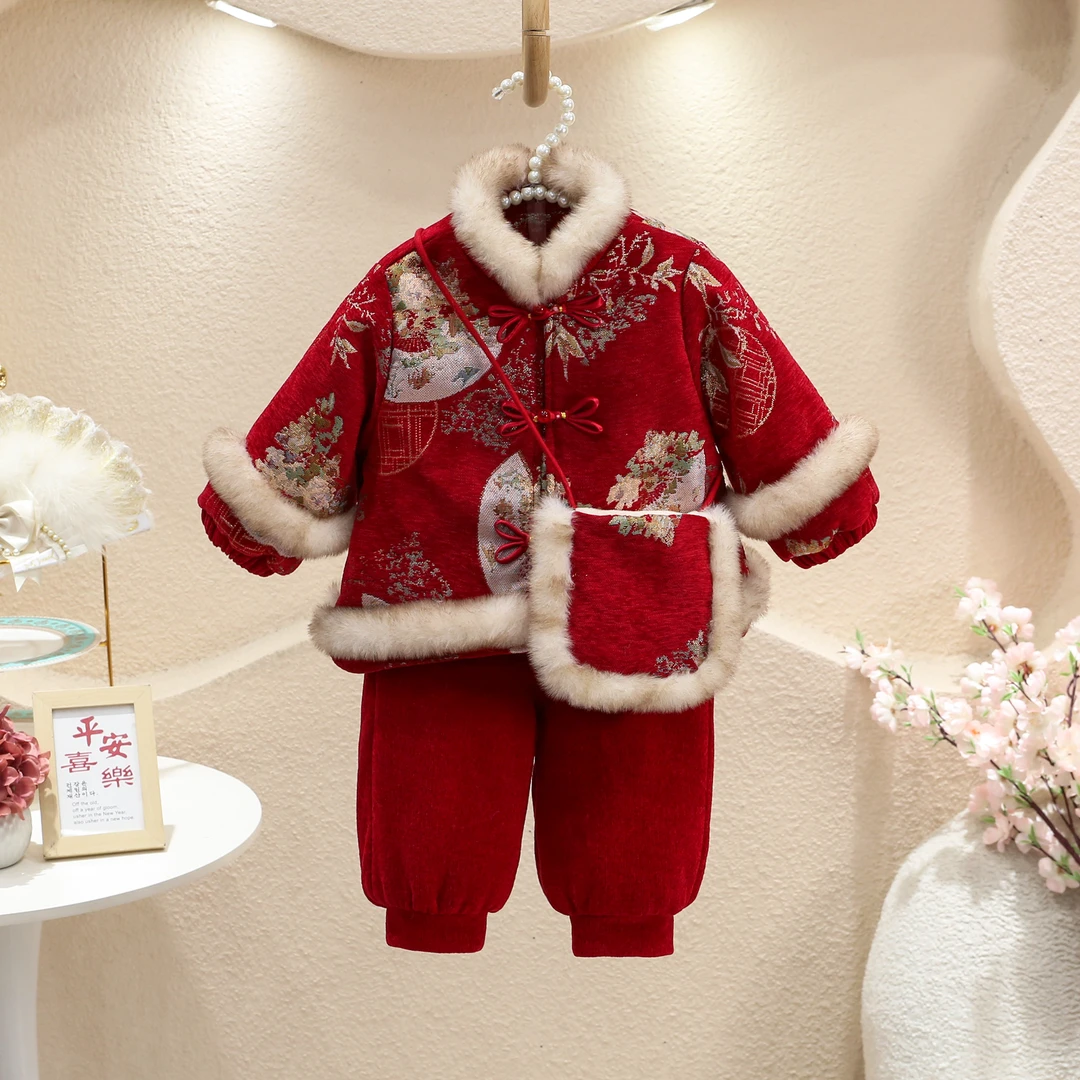 女童装汉服冬装套装儿童加厚加绒喜庆红色中国风冬季女宝宝拜年服