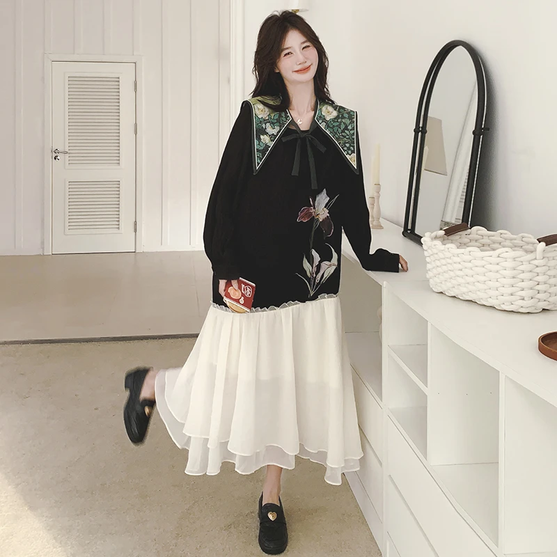 YIRAN/奕冉超好看的黑色印花连衣裙印花披肩套装2025春季新款女装