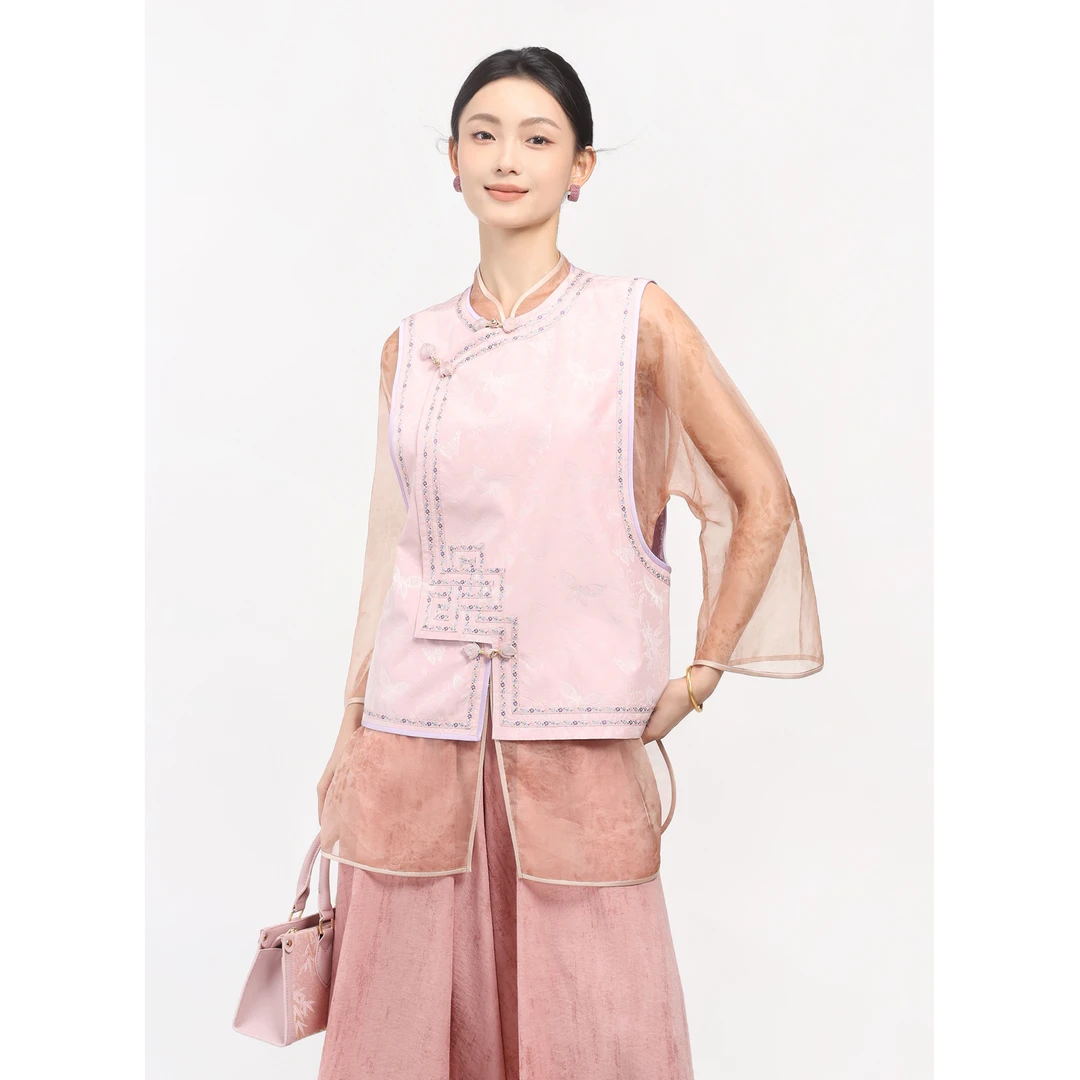 矝羽轩JINYU矜羽【云霓】苏锦蝴蝶设计师款马甲盘扣圆领新中式马甲