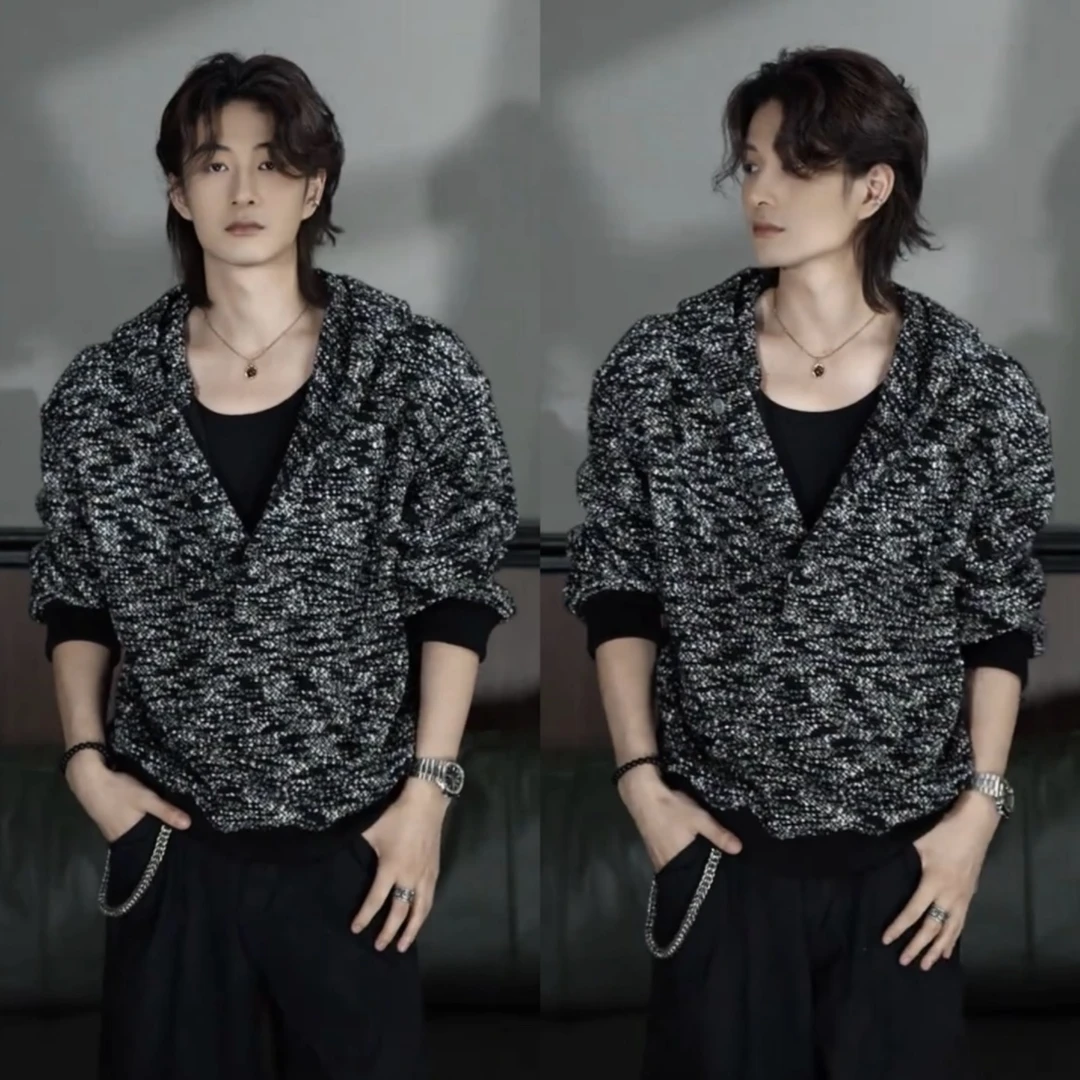 【退货补运费】春秋新款色织毛衣男士潮牌设计感宽松百搭连帽卫衣