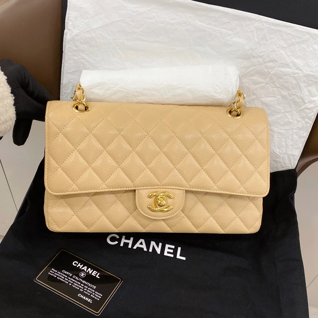 95新 Chanel/香奈儿 提提专属经典CF中号奶茶色荔枝纹牛皮斜挎包