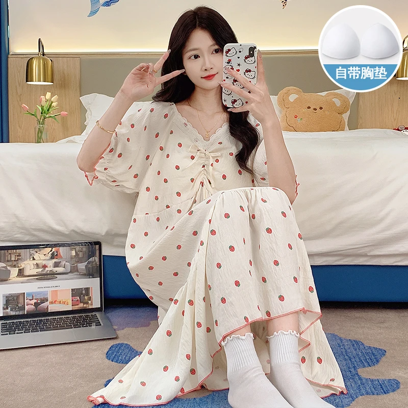 云朵棉睡衣女夏季甜美少女草莓短袖睡裙带胸垫夏天学生宽松家居服