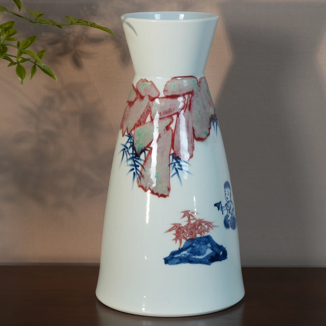 曹兴【童趣图】青花釉里红花瓶