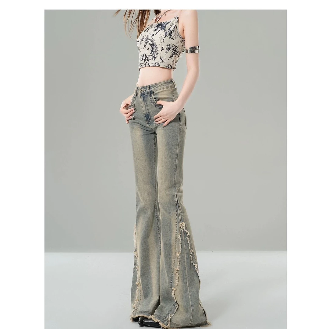 高个子加长美式高腰微喇叭牛仔裤女春夏季新款辣妹设计感马蹄裤子