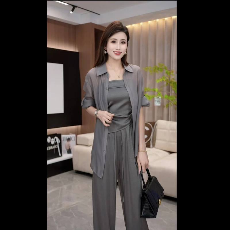 【现货】2025夏季新款纯色衬衫吊带阔腿裤套装女时尚洋气三件套薄款