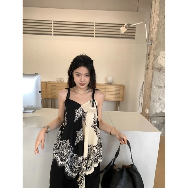韩版复古设计感撞色印花两面穿无袖吊带女装新款夏季绝美气质上衣