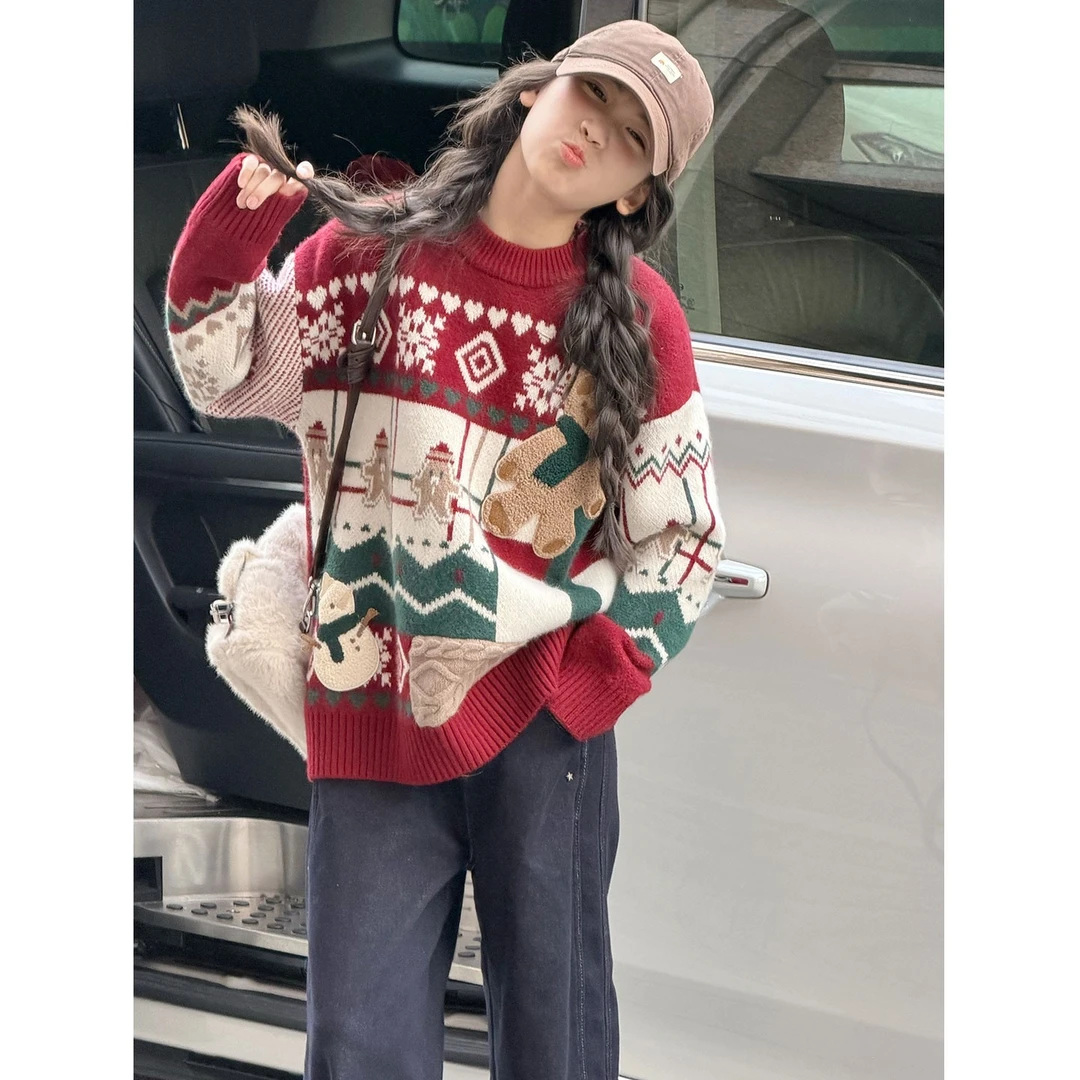 K30370孙小美小熊圣诞女童毛衣秋冬装2025新款儿童加厚针织上衣潮