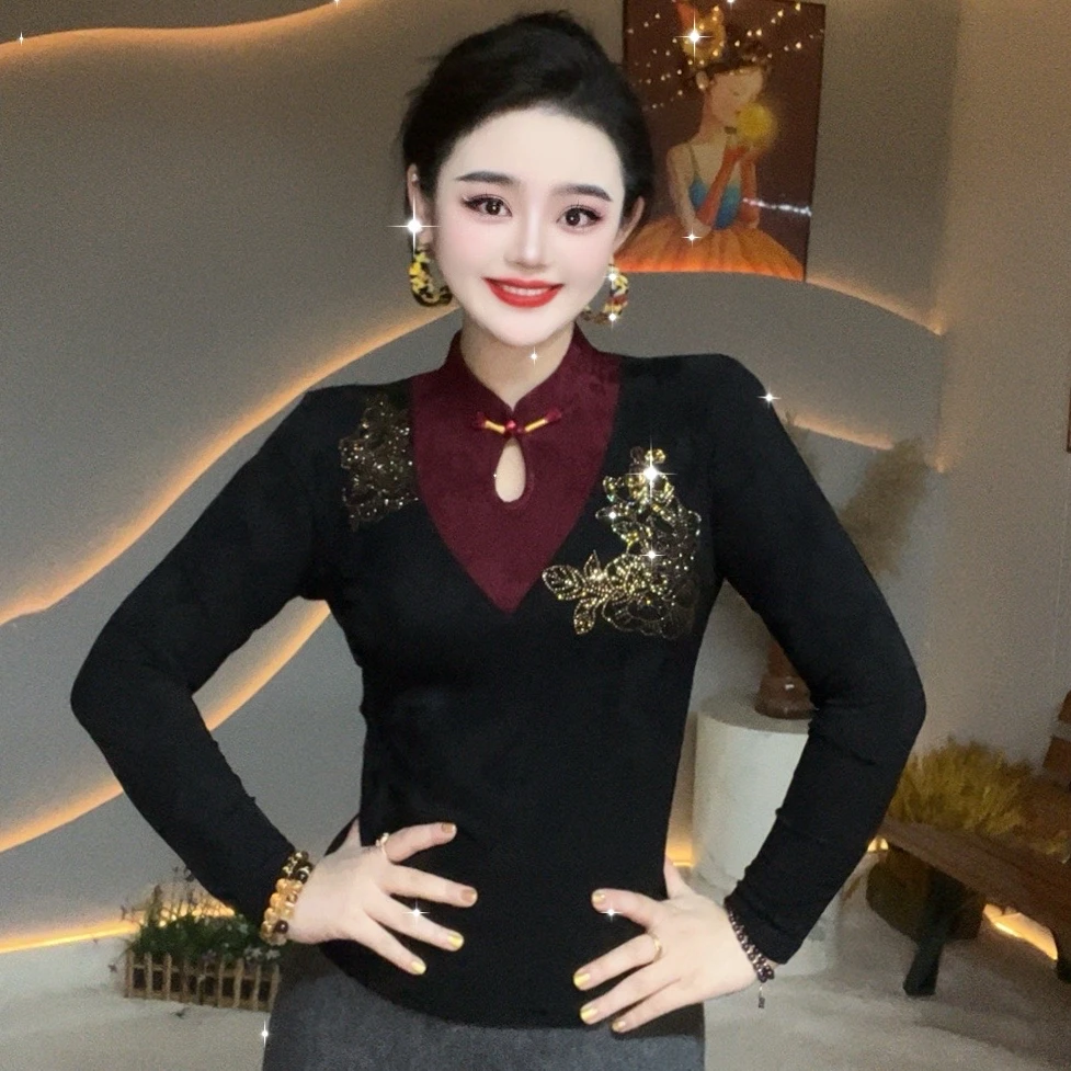 【重磅新款】新中式假两件新年战袍高端洋气烫钻长袖打底衫女8283