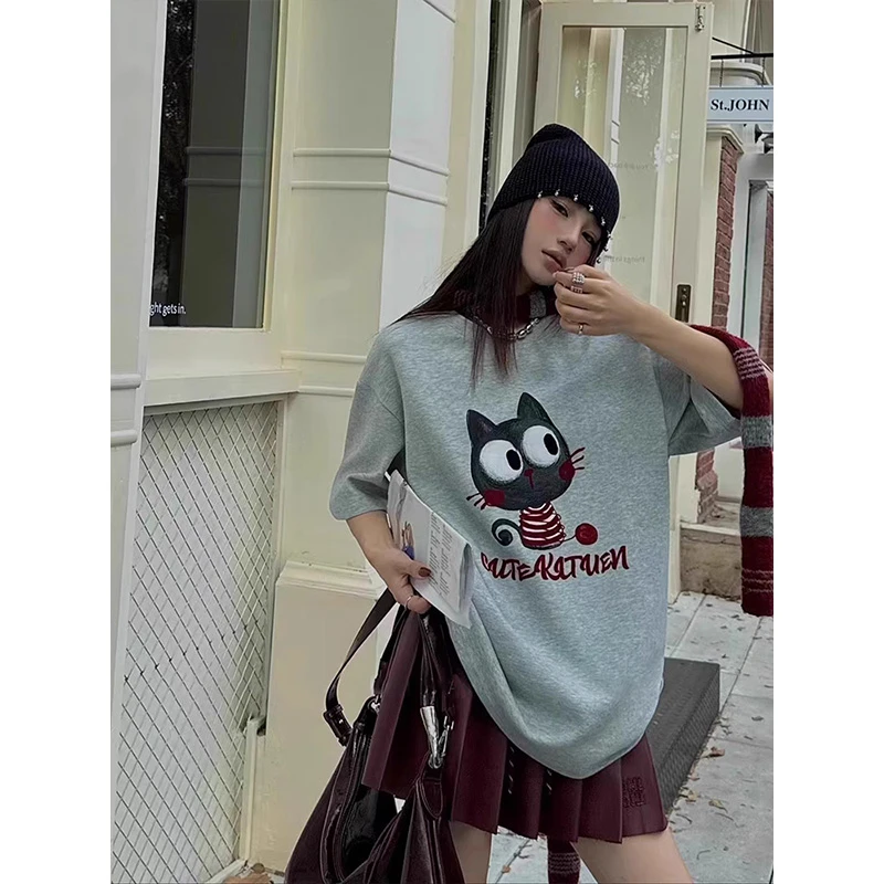 oversize美式复古纯棉短袖T恤女春季2025新款磨毛刺绣猫咪上