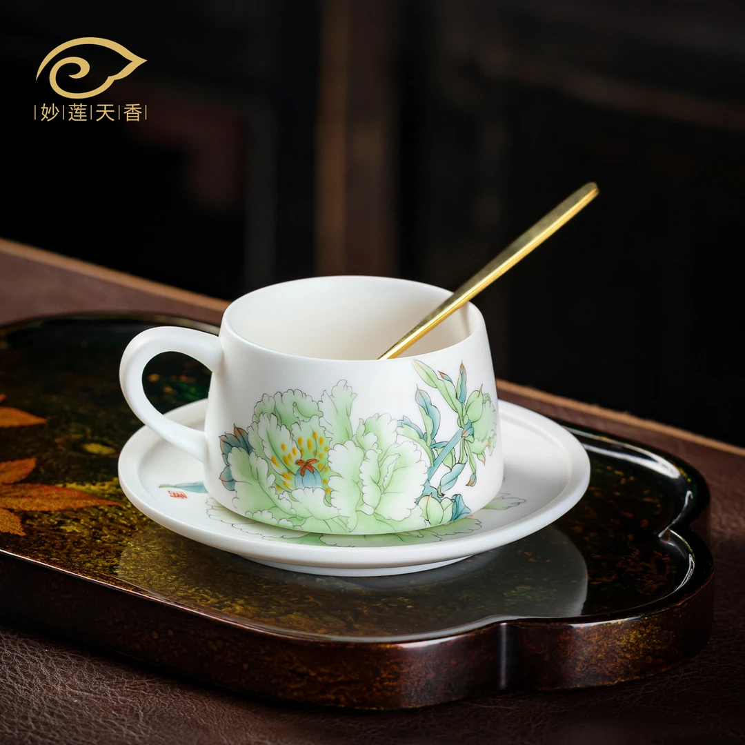 妙莲天香国风手绘玉笑珠香羊脂玉瓷咖啡杯高档精致陶瓷茶杯杯碟