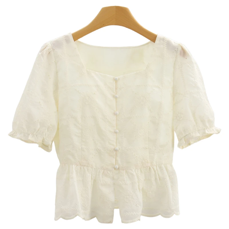 【主播上身款】纯色绣花打底衫方领单排扣雪纺衫#WYX56S134