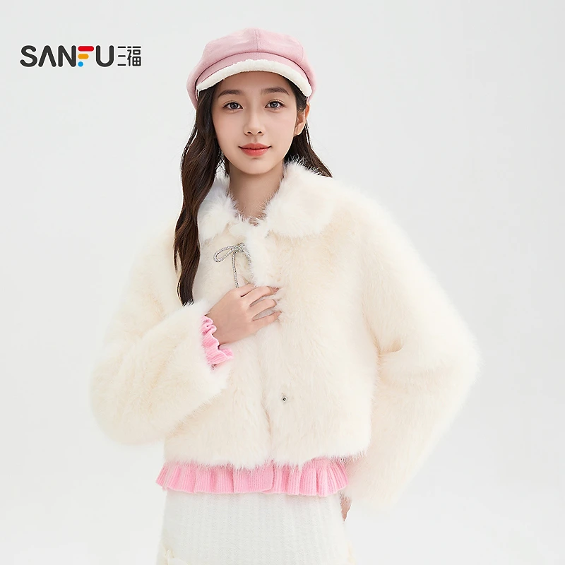 三福厚外套2025冬季都市毛绒蝴蝶结斜插袋立领上衣女装512222
