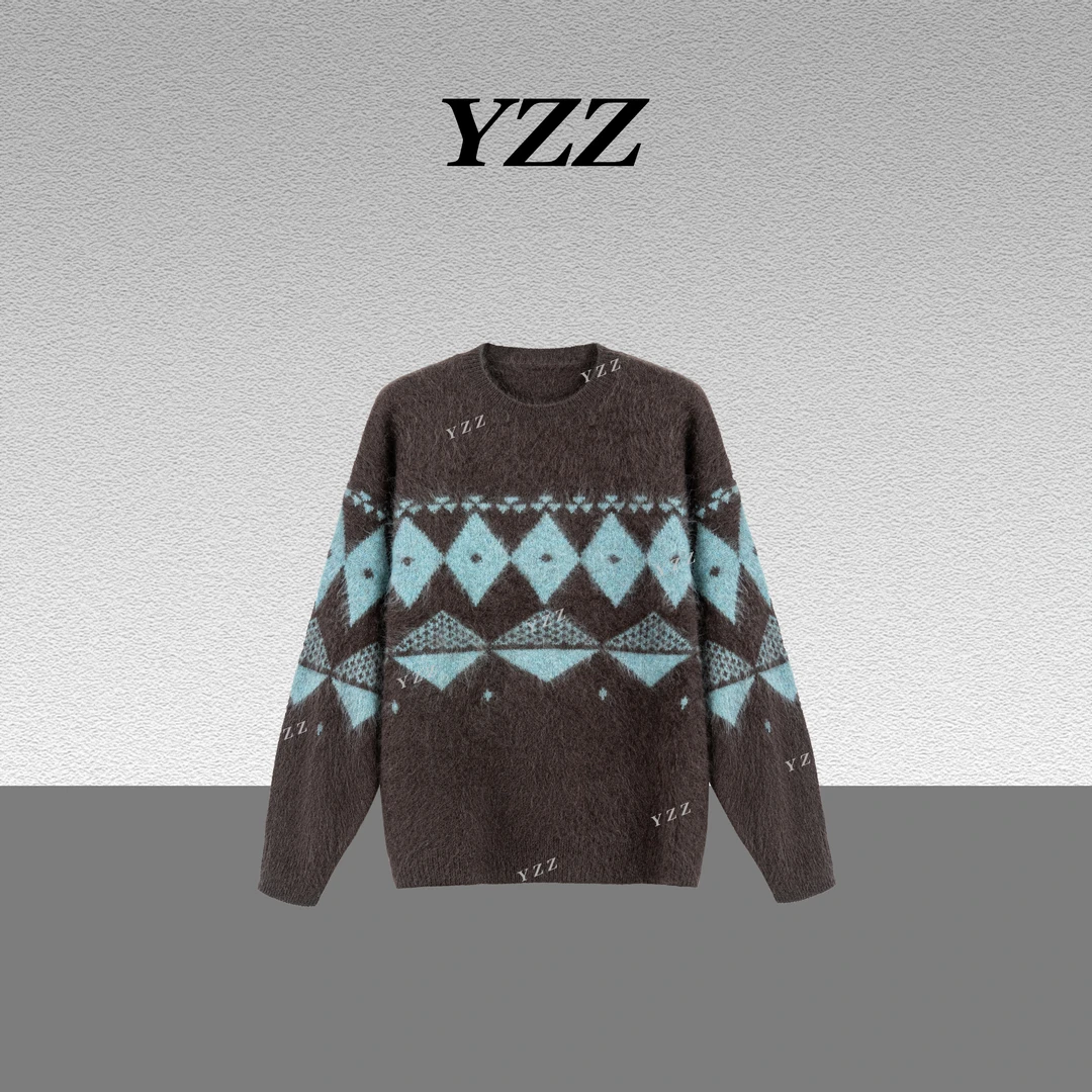 YZZ“彩格”山羊绒高质感秋冬羊毛宽松慵懒复古套头毛衣 680301