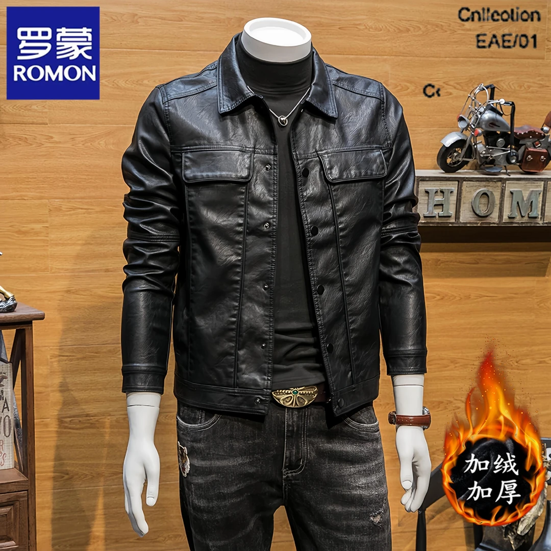 罗蒙男士秋冬新款品质海宁皮夹克皮衣时尚韩版潮流休闲外套飞行员