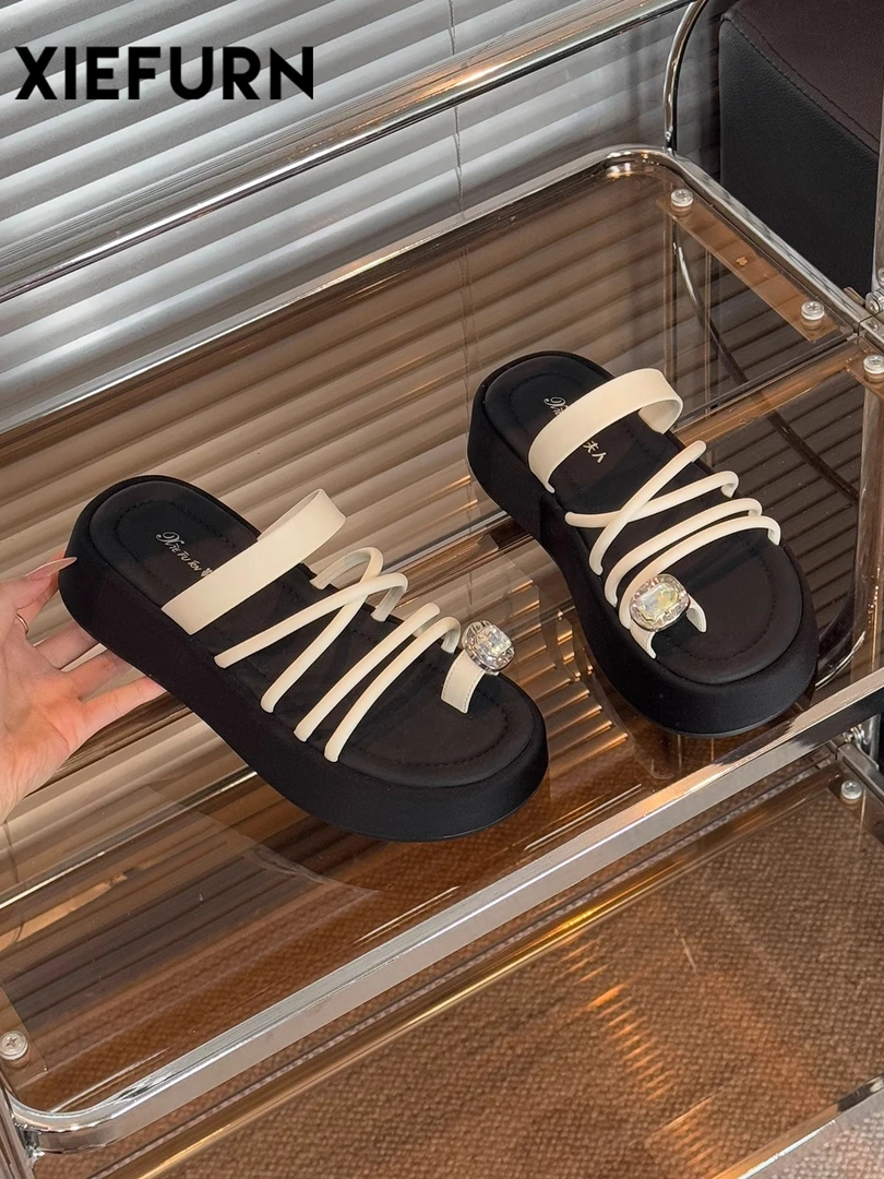 仙女风套趾水钻拖鞋女外穿新款法式配裙子厚底罗马沙滩鞋F6X2109