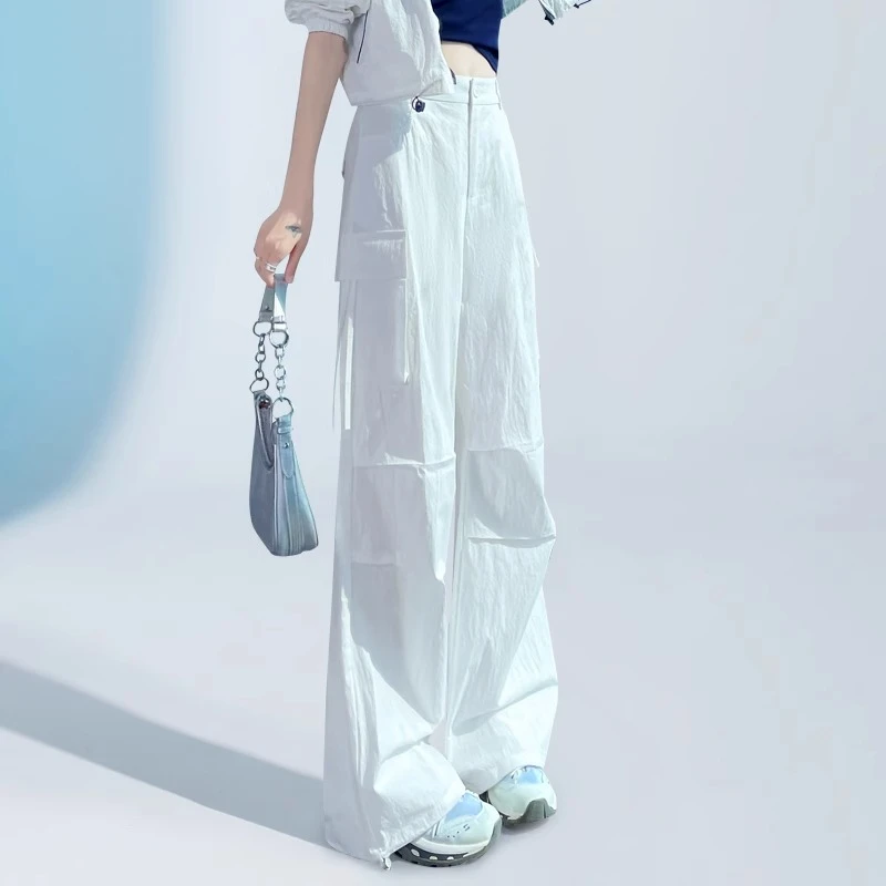 白色速干工装裤女美式高个子加长运动伞兵阔腿裤2025夏季薄款冰丝