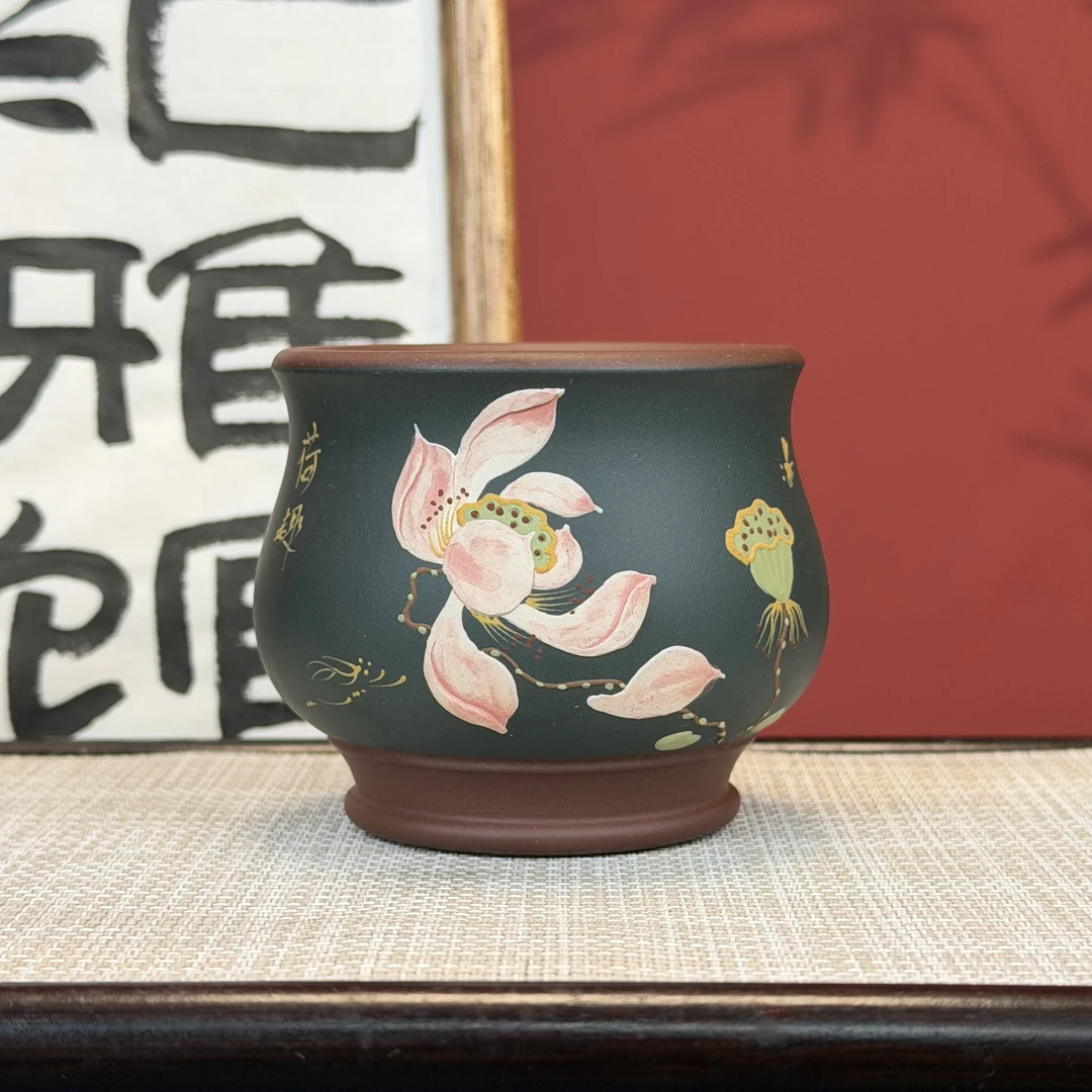 宜兴原矿紫砂紫泥主人杯粉浆泥绘荷花大容量将军杯品茗杯精致茶器