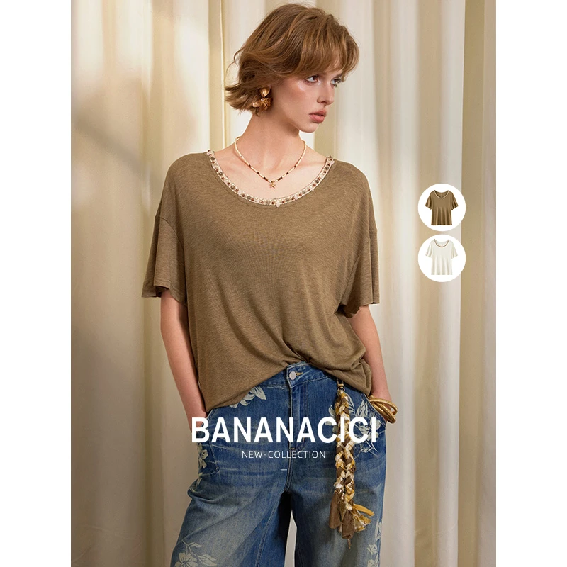 BANANA CICI2025年夏季新款波西米亚风撞色花边莱赛尔桑蚕丝T恤