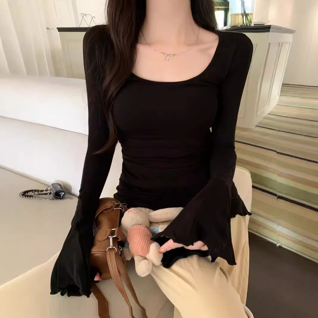 纯棉打底衫长袖恤女春秋显瘦喇叭袖上衣新款时尚洋气新款潮牌女装