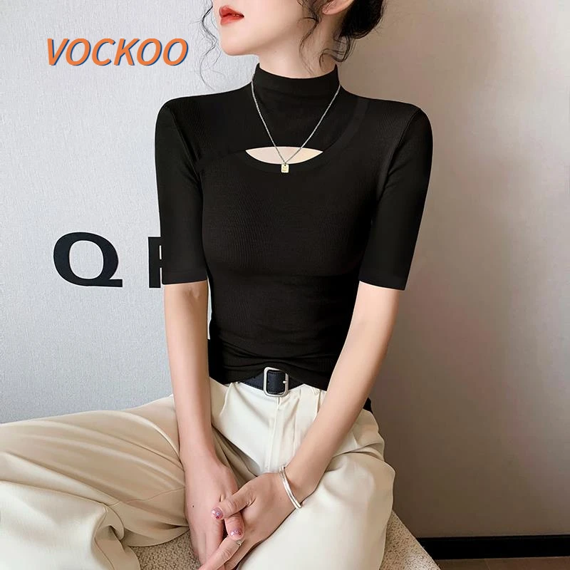 VOCKOO半高领镂空中袖t恤女2025春夏新款黑色螺纹针织显瘦短袖洋