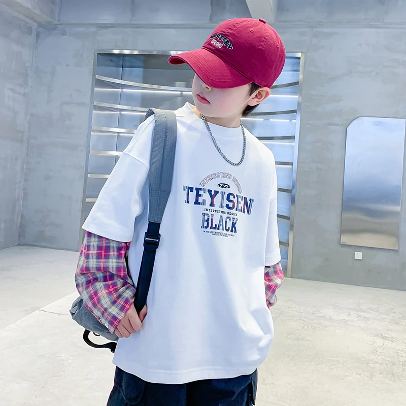 春季男童长袖T恤新款中大童装儿童男孩格子袖拼接卫衣宽松潮t