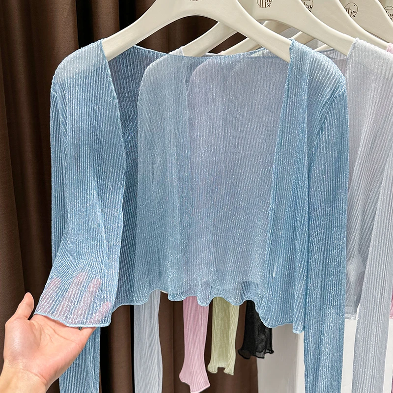 防晒针织开衫女薄纱小外搭冰丝长袖披肩上衣配吊带裙宽松v领罩衫