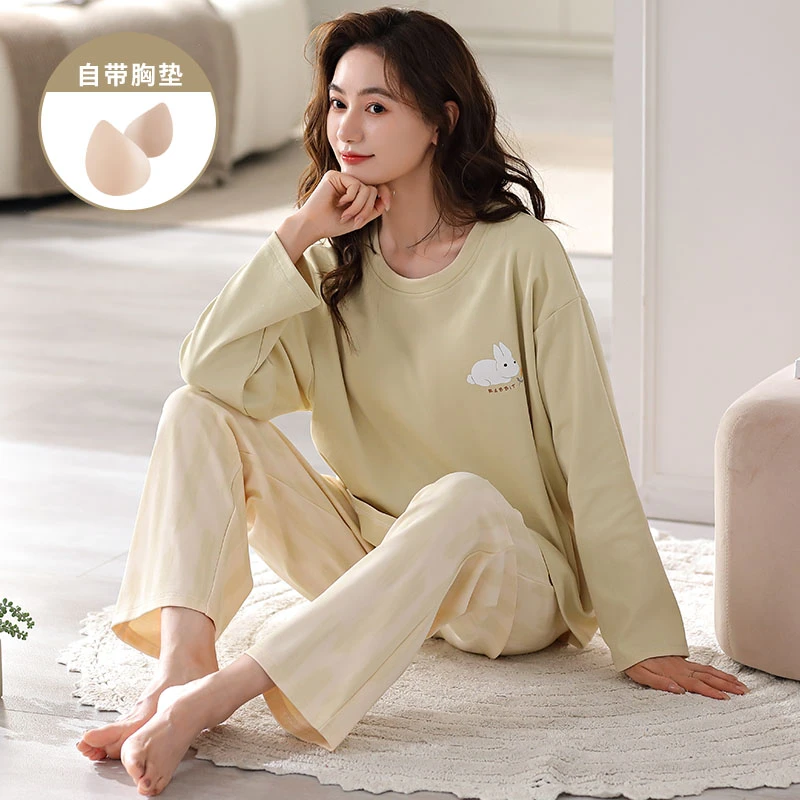 春秋季爆款棉布长袖带胸垫一体睡衣女款简约风长裤女士家居服套装