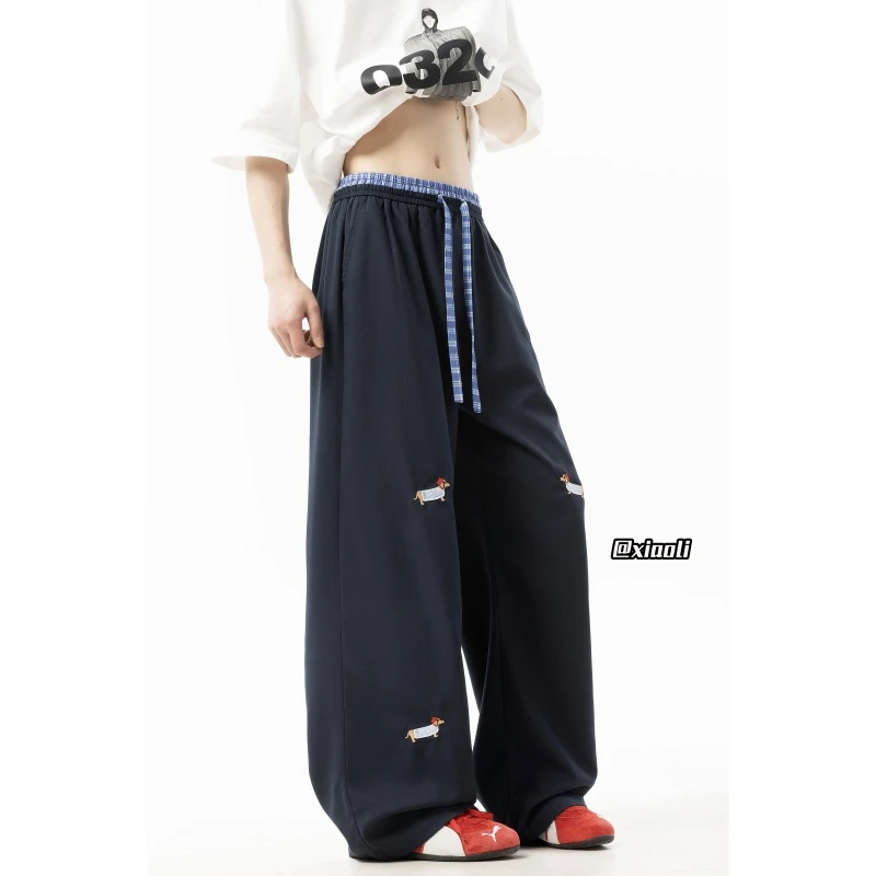 藏青色腊肠小狗印花休闲裤男夏季hiphop工装裤美式宽松直筒阔腿裤