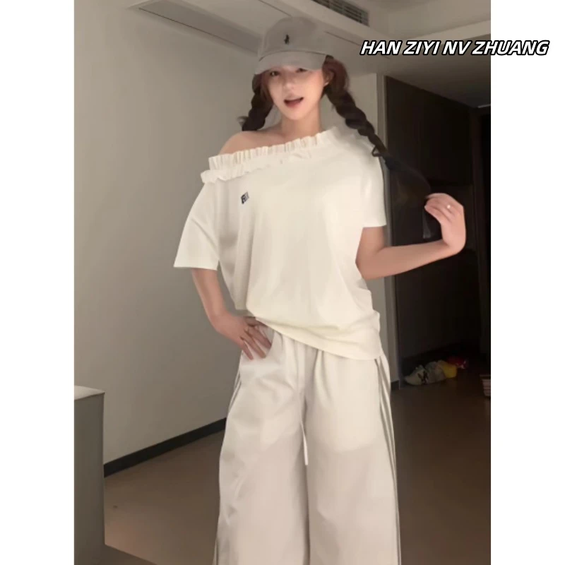 美式复古小众斜肩蕾丝纯棉短袖t恤女夏季新款宽松慵懒休闲上衣服