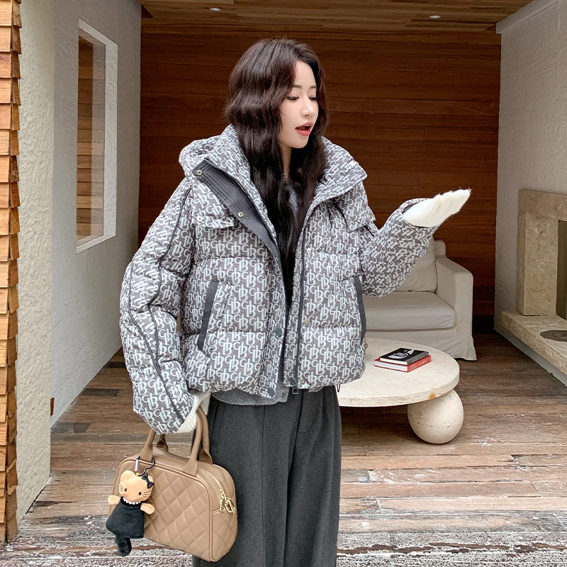 新款白鸭绒羽绒服女冬季2025短款泡芙印花设计韩版加厚面包服外套