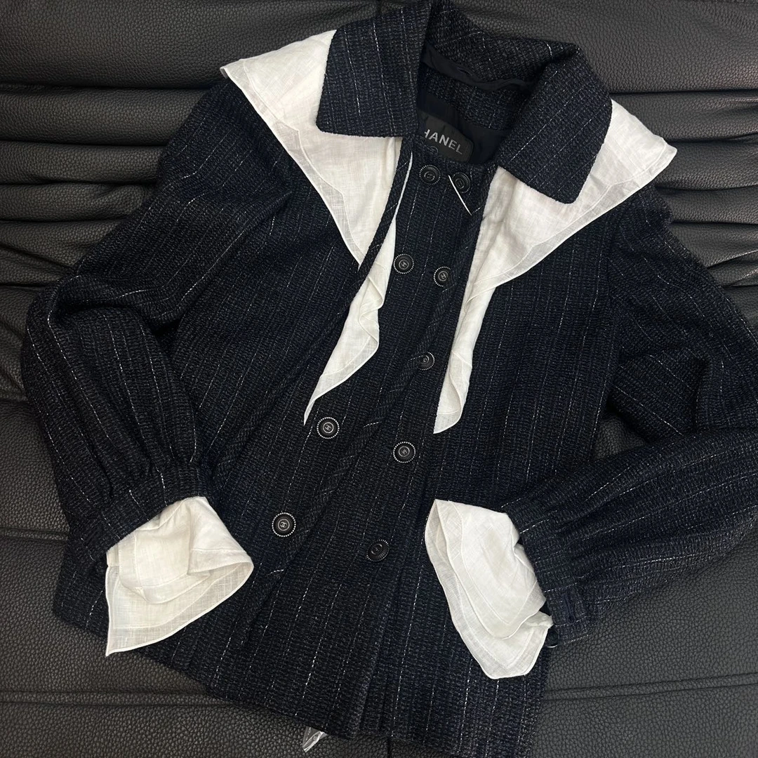 99新 Chanel/香奈儿 荷叶边领拼接编织绑带长袖外套36 林允儿同款