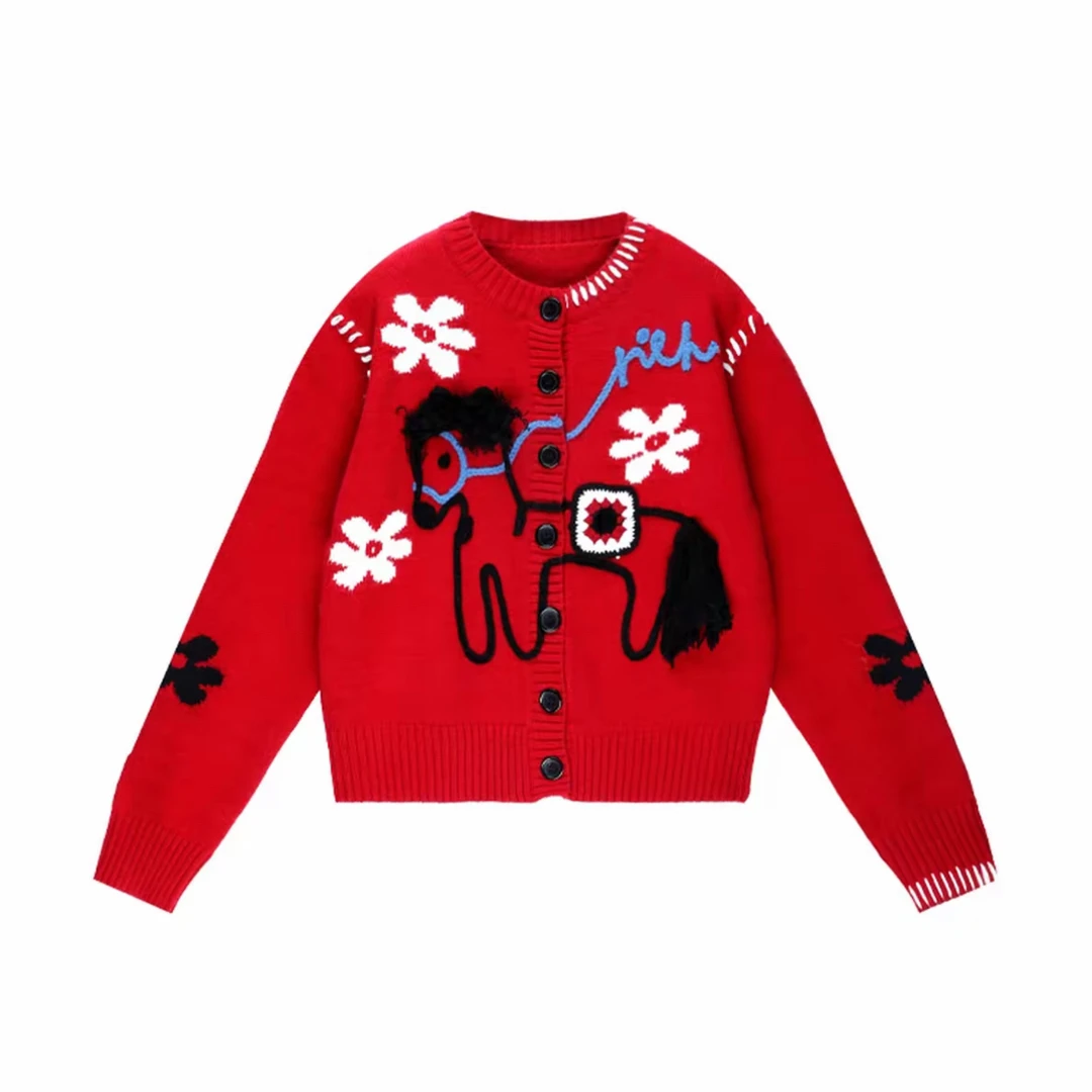 CHENXI 秋冬韩系时尚小马刺绣红色针织开衫外套女百搭显瘦8711