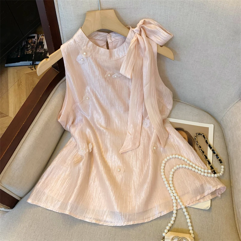 粉色花朵挂脖衬衫女夏款系带蝴蝶结背心法式缎面小上衣复古气质