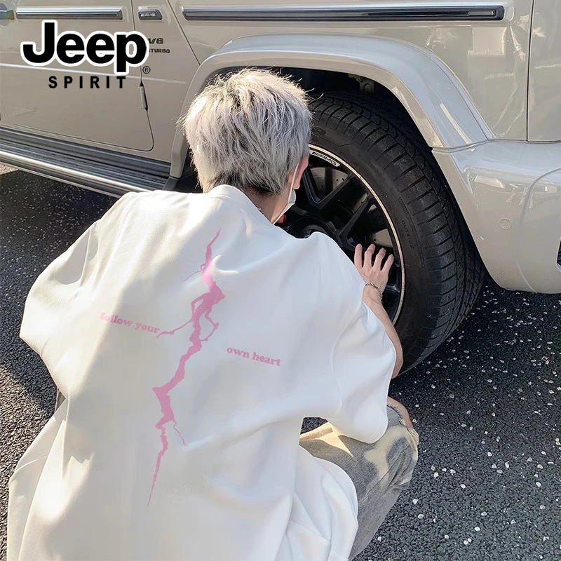 JEEPSPIRIT吉普印花短袖T恤男生夏季新款美式情侣潮流纯棉半袖男