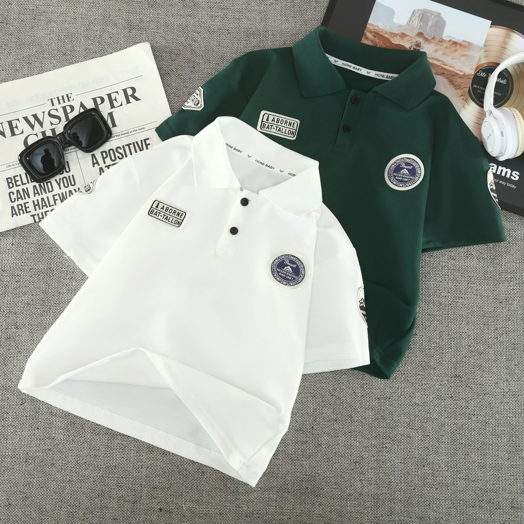 高定珠地棉男童女童夏装短袖t恤2025新款中大童夏季polo衫薄款儿T