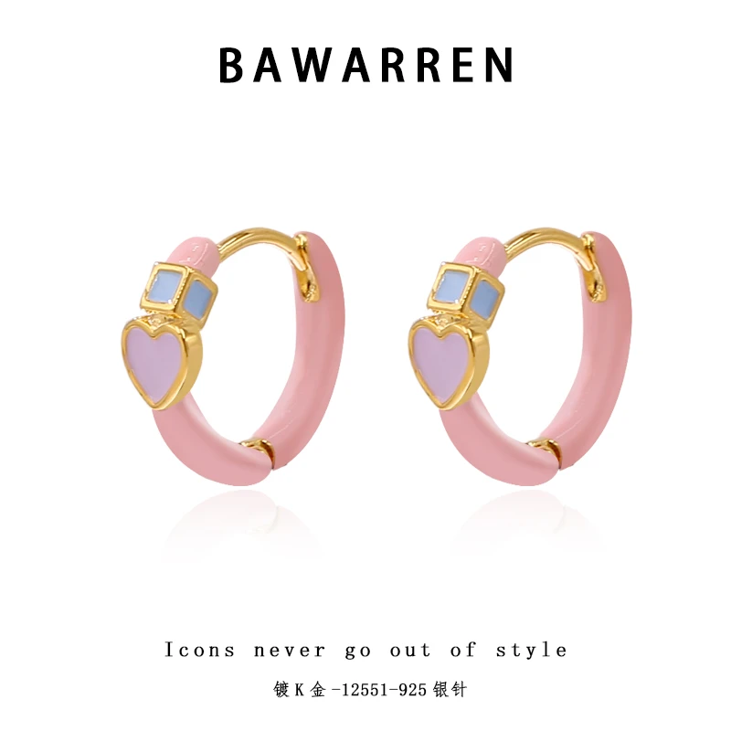 Bawarren 12551-【粉爱心耳扣】精美时尚百搭时尚耳环