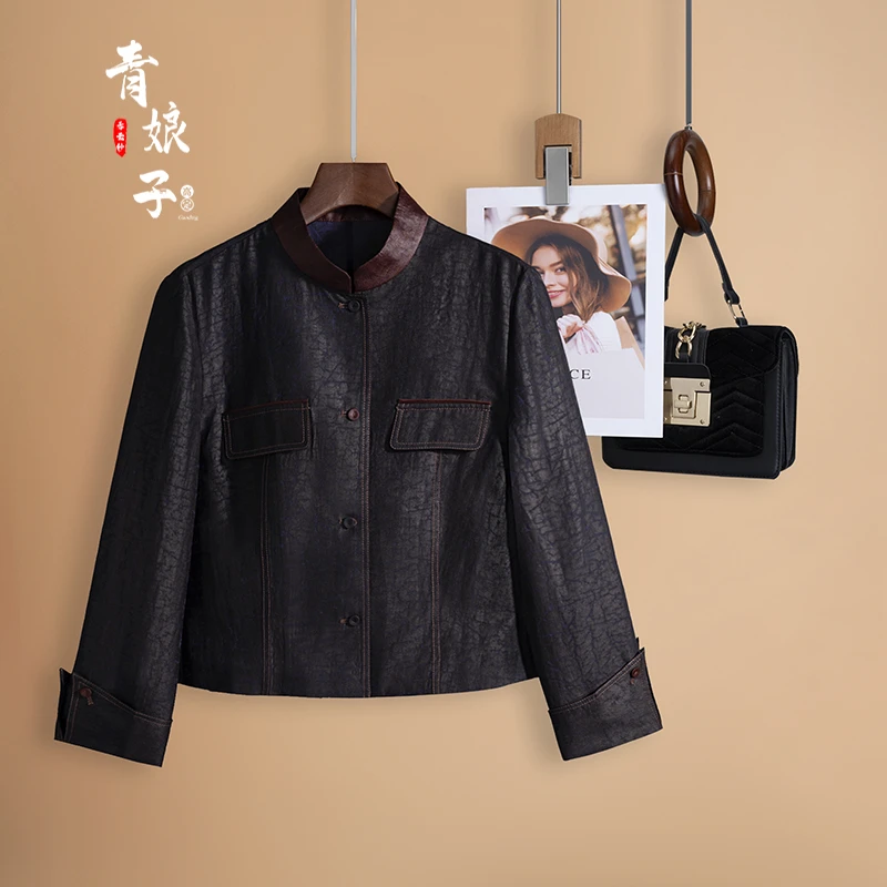 青娘子香云纱（画屏）彩龟国风拼接新中式气质百搭长袖上衣--60299