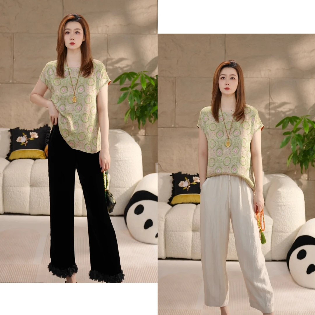 Miss.Z【绿如意短袖】夏季花萝人丝新中式国风衬衣#c6232