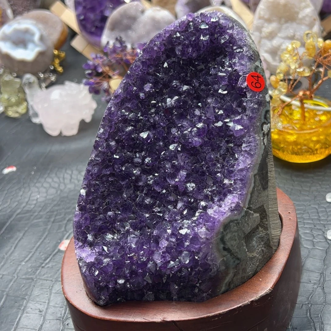 水晶未镶嵌珠宝半成品紫水晶花晶镇带底座64